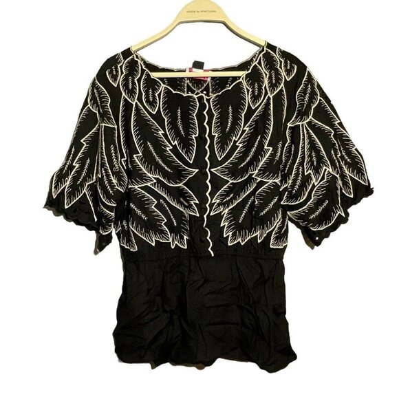 Maple Tops - Anthropologie Maple Odd Rubies Blouse Women Sz 8 Black Embroidery Leaf Wide Boho
